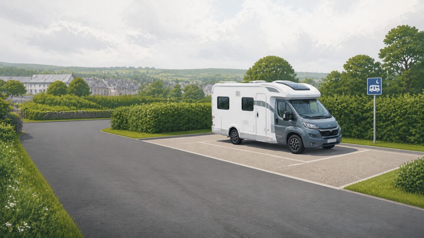 Camper parcheggiato in un'area di sosta autorizzata vicino a un centro abitato irlandese.