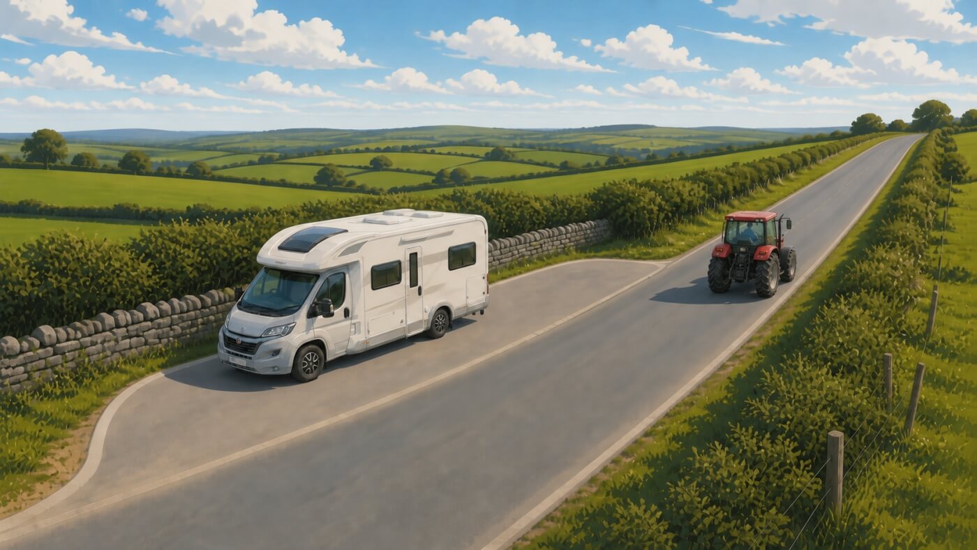 Camper fermo in una piazzola lascia passare un trattore su una strada stretta irlandese.