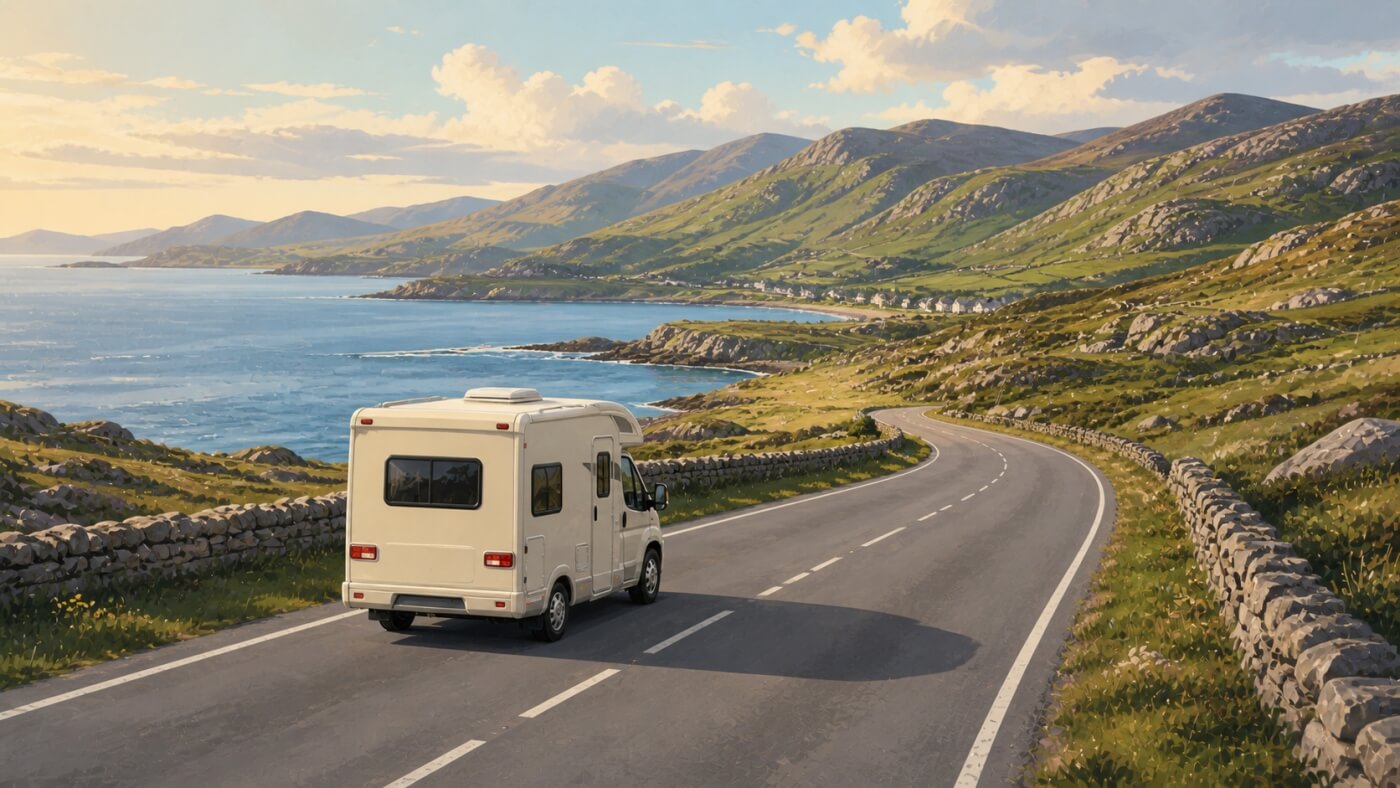 Camper sul Ring of Kerry tra costa, montagne e muretti in pietra.