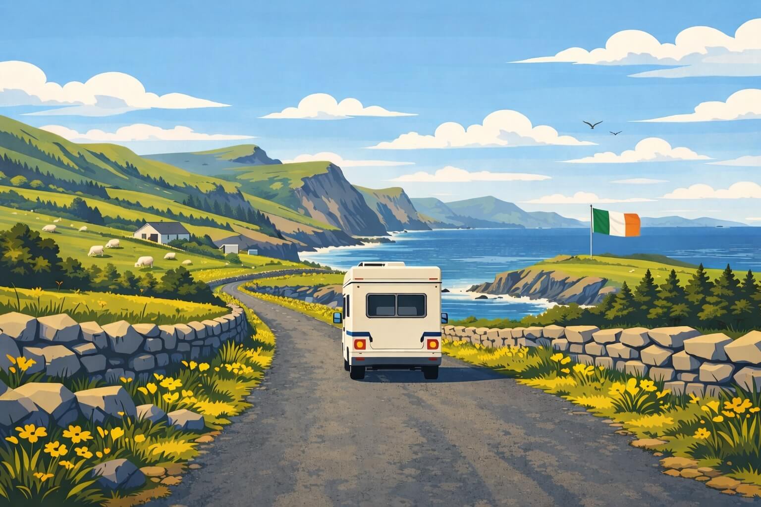 Illustrazione di un camper su una strada costiera irlandese, tra muretti in pietra, prati verdi e scogliere