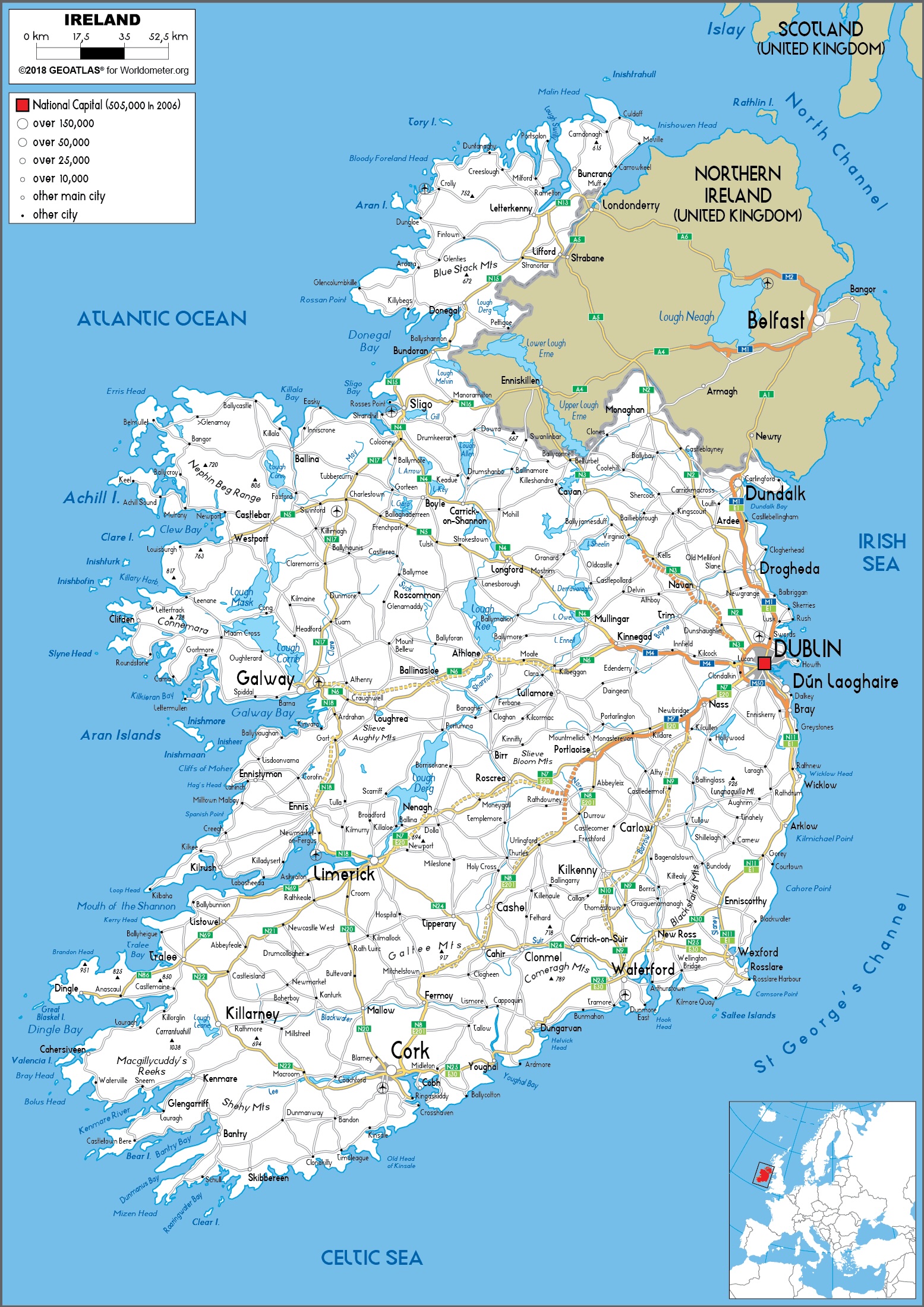 Mappa stradale dell’isola d’Irlanda con città, strade, laghi e confine tra Repubblica d’Irlanda e Irlanda del Nord