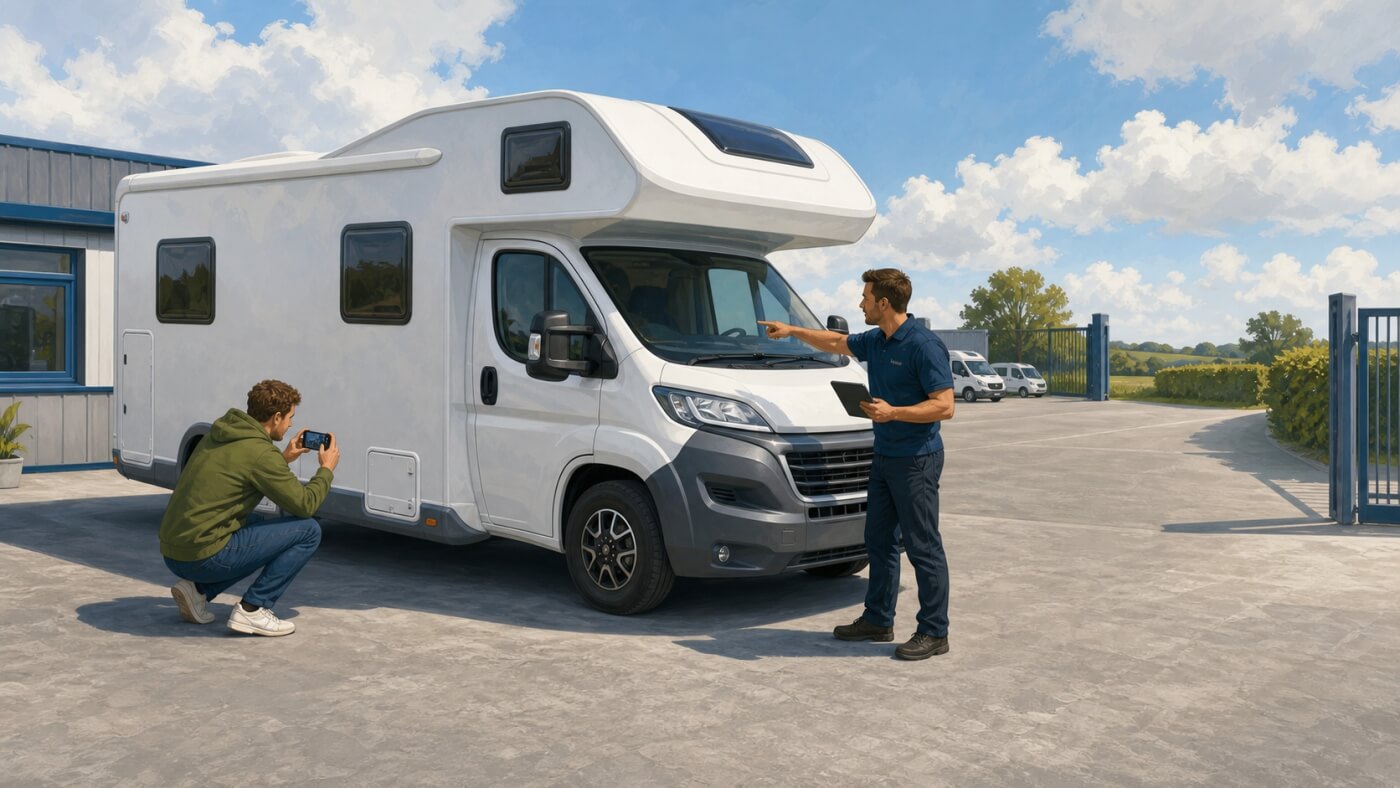 Cliente che documenta il camper durante la consegna in un deposito di noleggio irlandese.